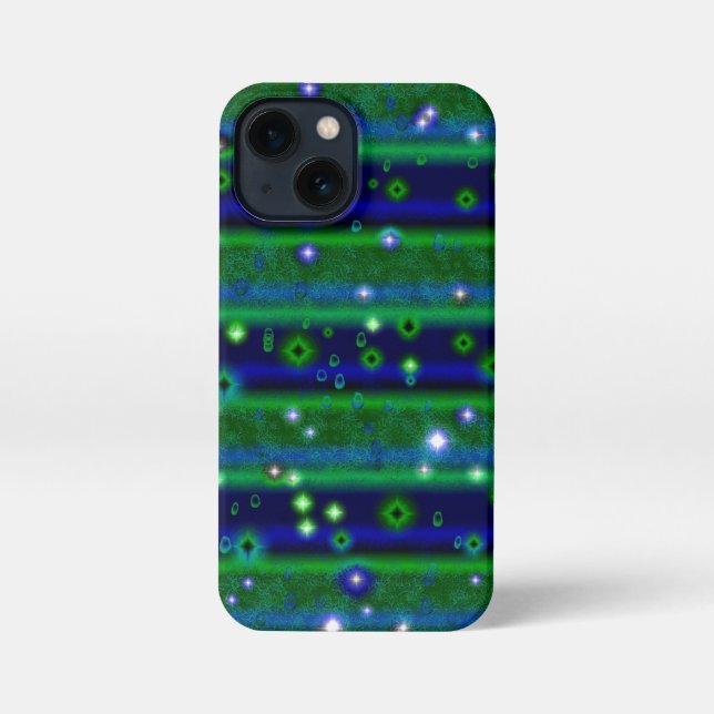 Etui iPhone 13 Mini Bleu vert rayures avec étoiles et Raindrops (Verso)