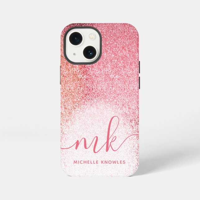 Etui iPhone 13 Mini Blush Rose Gold Pailleté Monogramme Script (Verso)
