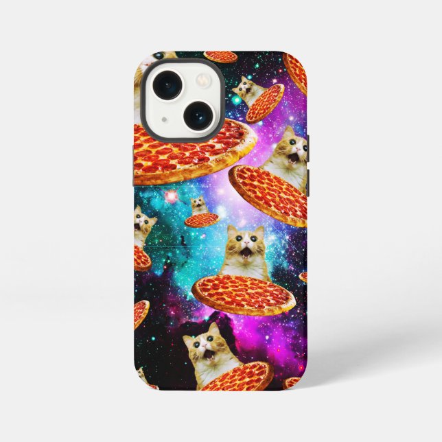 Etui iPhone 13 Mini Chat à pizza de l'espace amusant (Verso)