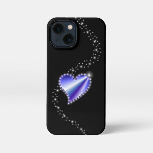 Etui iPhone 13 Mini Coeur arc-en-ciel violet avec étoiles sur noir