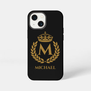 Etui iPhone 13 Mini Couronne dorée royale vintage avec initiale en noi