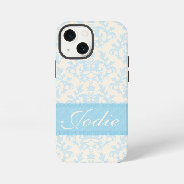 Etui iPhone 13 Mini Damas bleu clair & crème coque (Verso)
