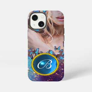 ETUI iPhone 13 MINI DAME PAPILLON BLEU, MONOGRAMME GEMME ÉTOILÉE OR SA