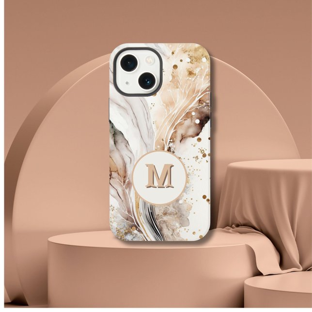 Etui iPhone 13 Mini Élégant Monogramme Marbre Brun Or Design Abstrait (Créateur téléchargé)