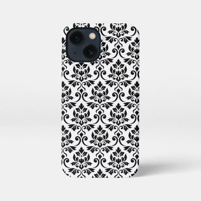 Etui iPhone 13 Mini Feuille Damask Patte noir sur blanc (Verso)