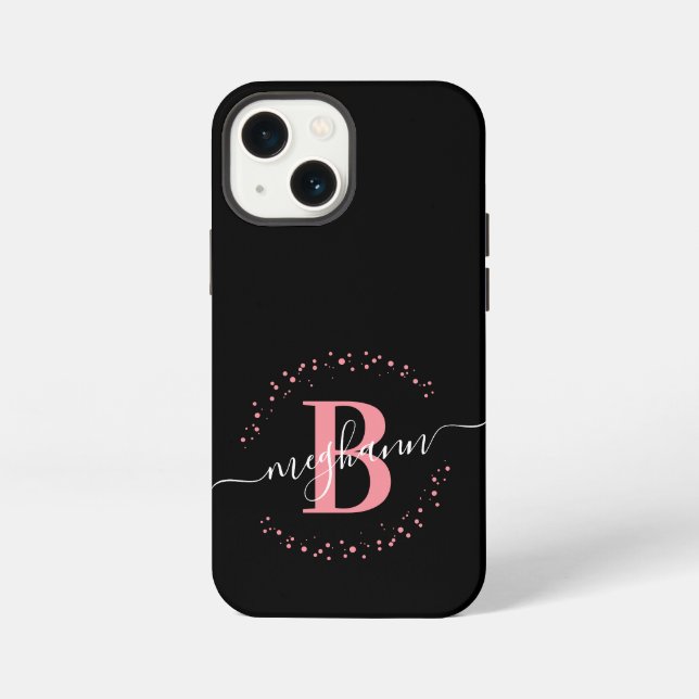 Etui iPhone 13 Mini Fille moderne rose noir Script Monogramme (Verso)