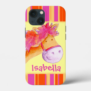 Etui iPhone 13 Mini Filles enfants nommées poney jaune