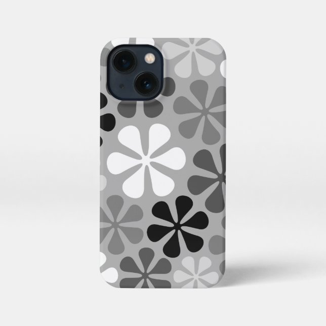 Etui iPhone 13 Mini Fleurs Abstraites Gris noir blanc (Verso)