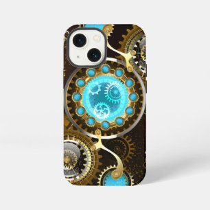 Etui iPhone 13 Mini Fond rouillé Steampunk avec verres turquoise