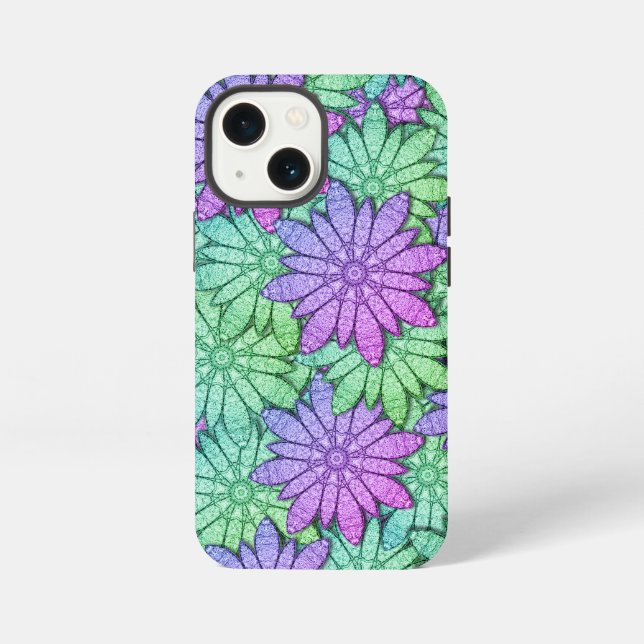 Etui iPhone 13 Mini Fun Purple et Fleurs vertes (Verso)