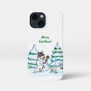 Etui iPhone 13 Mini Joyeux Noël ! Snowman avec chat et chiot