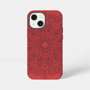 Etui iPhone 13 Mini Mandala noir sur fond de taches rouges
