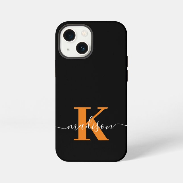 Etui iPhone 13 Mini Monogramme noir et orange moderne (Verso)