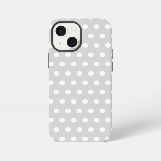 Etui iPhone 13 Mini Motif à points polka gris clair et blanc. (Verso)