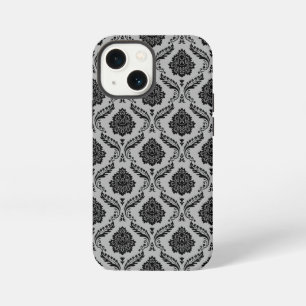 Etui iPhone 13 Mini Motif Damassé Rococo Noir sur Gris