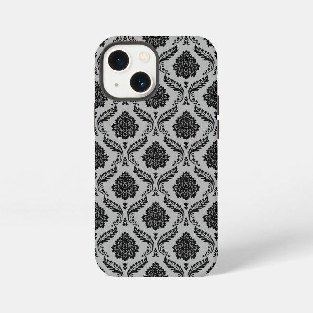 Etui iPhone 13 Mini Motif Damassé Rococo Noir sur Gris (Verso)