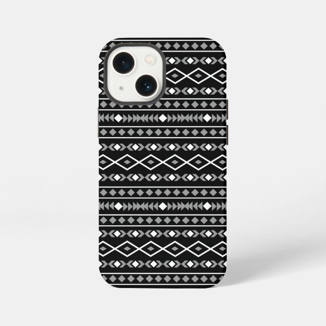 Etui iPhone 13 Mini Motif de formes aztèques gris blanc noir (Verso)
