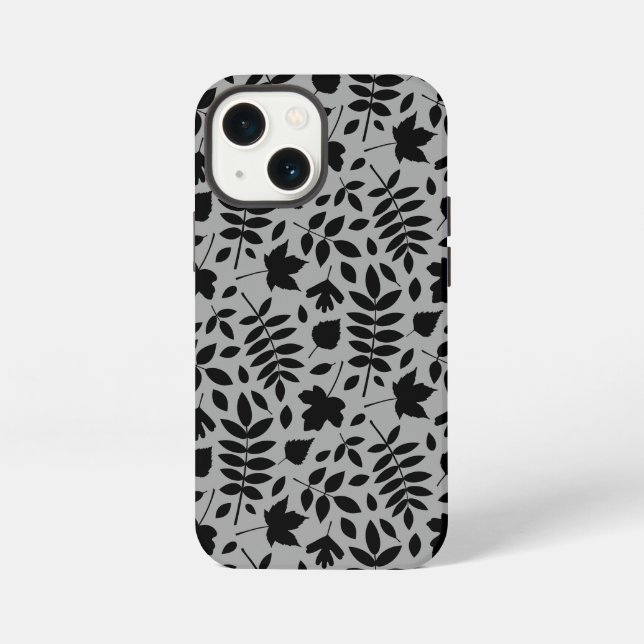 Etui iPhone 13 Mini Motif Feuille tombé noir sur gris (Verso)