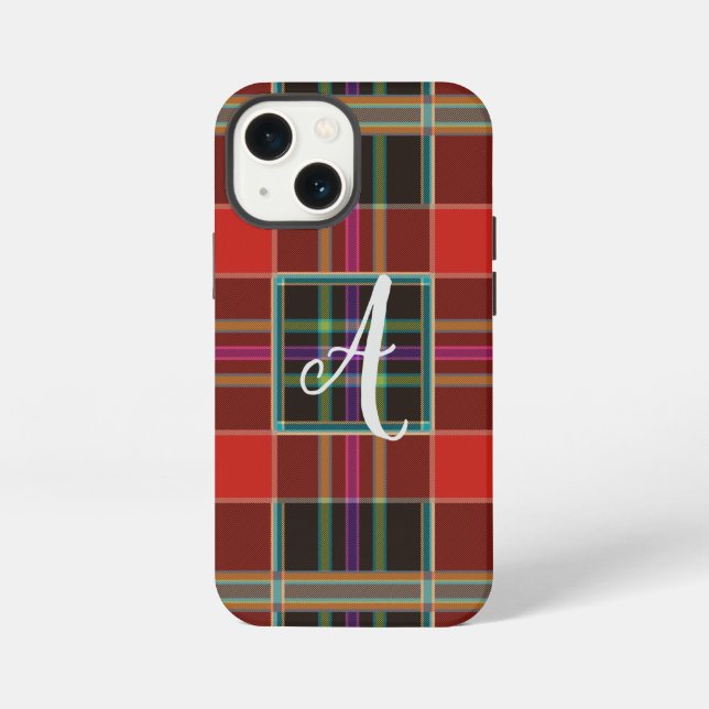 Etui iPhone 13 Mini Multicolor Plaid (Tartan) Monogram, Nom  (Verso)