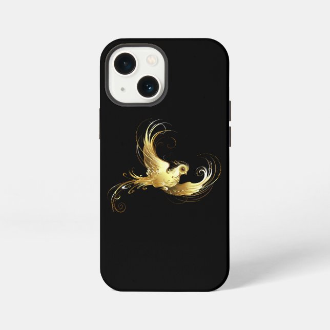 Etui iPhone 13 Mini Oiseau doré sur fond noir (Verso)