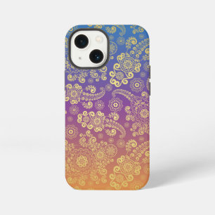 Etui iPhone 13 Mini Paisley Luxe Doré sur Fond Bleu, Violet et Orange