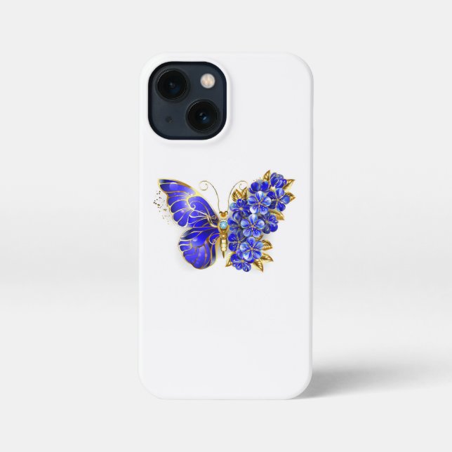 Etui iPhone 13 Mini Papillon saphir à fleurs (Verso)