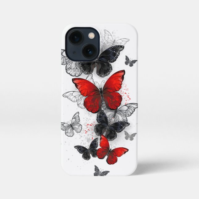 Etui iPhone 13 Mini Papillons noirs et rouges volants (Verso)