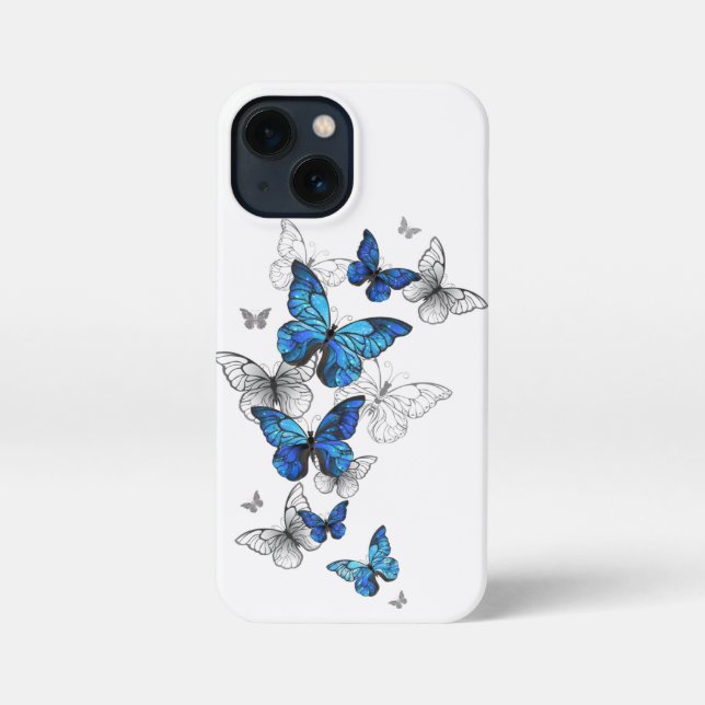 Etui iPhone 13 Mini Papillons volants bleus Morpho (Verso)