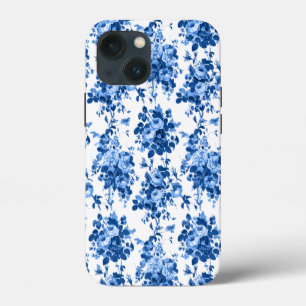 Etui iPhone 13 Mini Roses Antiques Romantiques Vintage-Bleu sur Blanc