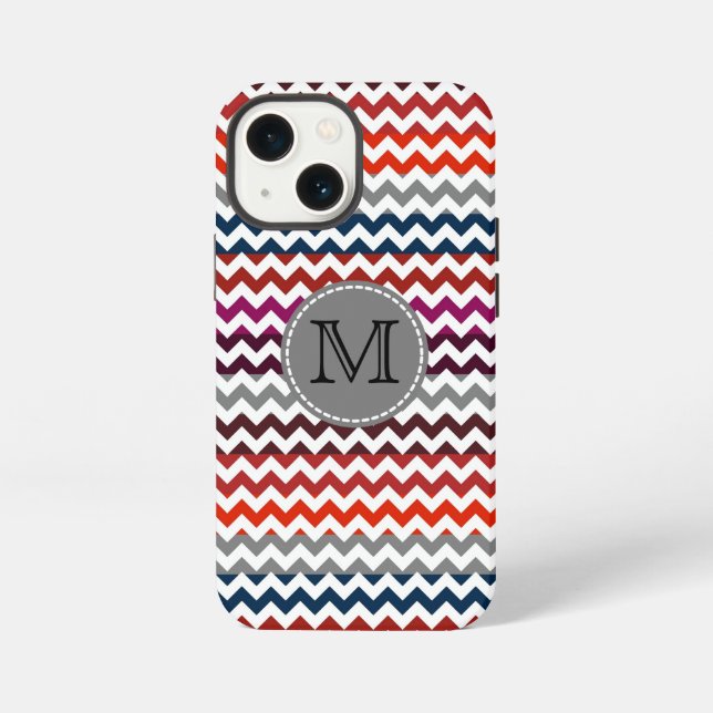 Etui iPhone 13 Mini Rouge Blanc Gris Chevron Zigzag Monogramme (Verso)