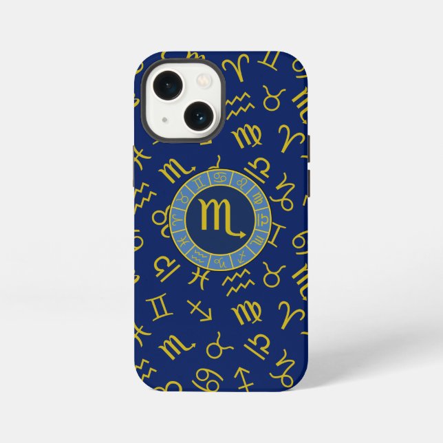 Etui iPhone 13 Mini Scorpio Zodiac+Astrologie Symboles Motif Gld+Blues (Verso)
