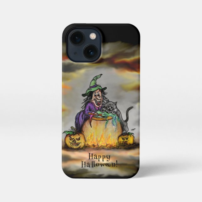 Etui iPhone 13 Mini Sorcière et chat noir, Happy Halloween ! (Verso)