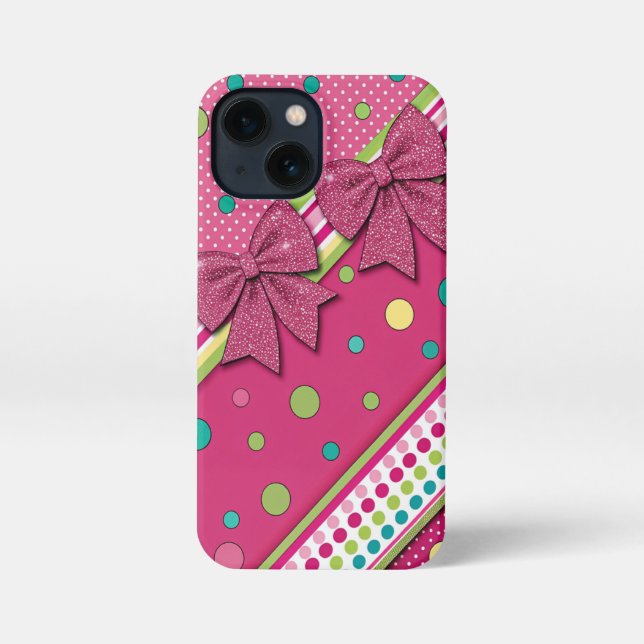 Etui iPhone 13 Mini Vibrant Hot Pink Green Stripes Polka Dots Glitter  (Verso)
