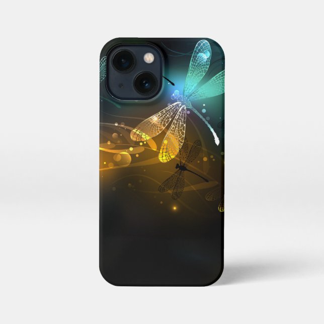 Etui iPhone 13 Mini Vol de libellule verte lumineuse (Verso)