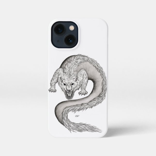 Etui iPhone 13 Mini Wolfdragon design noir et blanc (Verso)