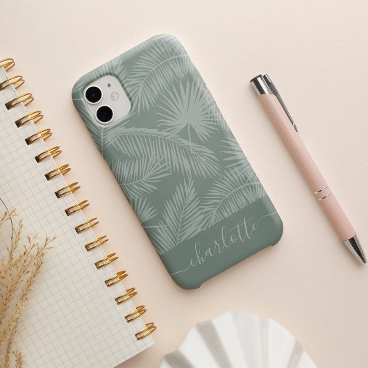 Etui iPhone 13 Mist Green Tropical Botanical Palm Feuille Motif