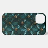 Etui iPhone 13 Modèle turquoise et or floral (Verso Horizontal)