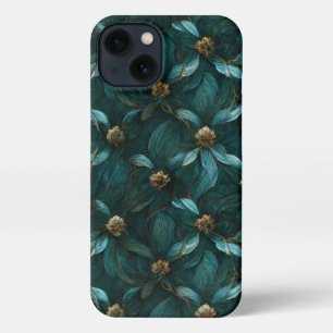 Etui iPhone 13 Modèle turquoise et or floral