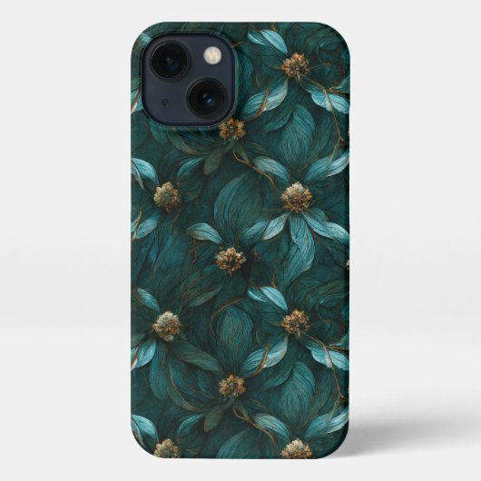 Etui iPhone 13 Modèle turquoise et or floral (Verso)
