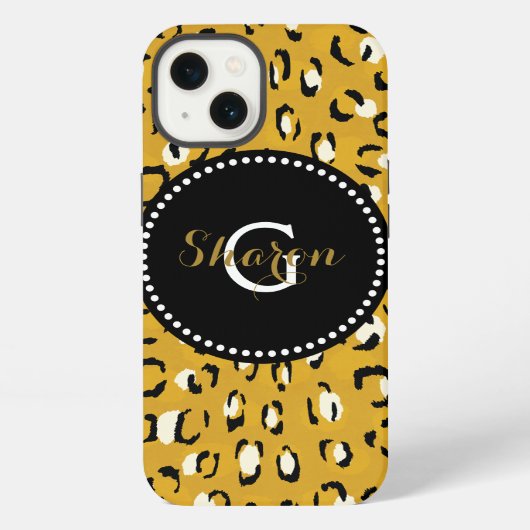 Etui iPhone 13 Moderne chic imprimé guépard doré à monogramme (Verso)