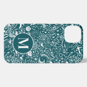 Etui iPhone 13 Monogramme bleu vert initial Motif océanique (Verso Horizontal)