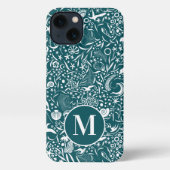 Etui iPhone 13 Monogramme bleu vert initial Motif océanique (Verso)