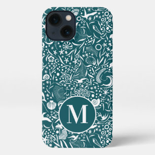 Etui iPhone 13 Monogramme bleu vert initial Motif océanique