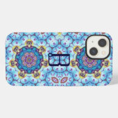 ETUI iPhone 13 MONOGRAMME CERCLES FRACTALS BLEU ROSE (Verso Horizontal)