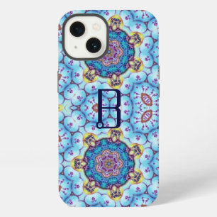 ETUI iPhone 13 MONOGRAMME CERCLES FRACTALS BLEU ROSE