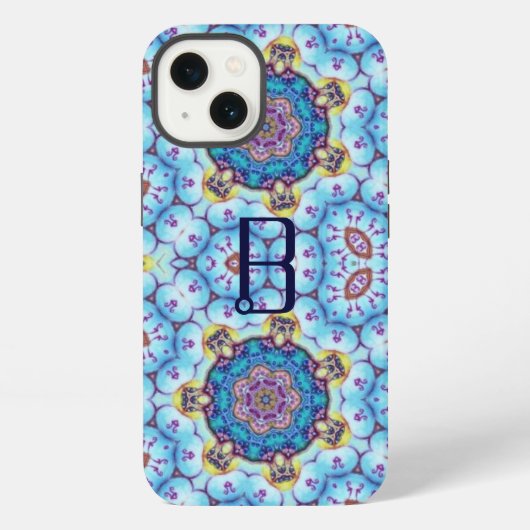 ETUI iPhone 13 MONOGRAMME CERCLES FRACTALS BLEU ROSE (Verso)