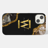 Etui iPhone 13 Monogramme de géode d'agate noire et or (Verso Horizontal)