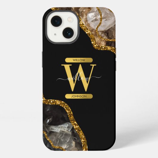 Etui iPhone 13 Monogramme de géode d'agate noire et or (Verso)