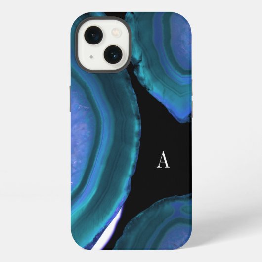 Etui iPhone 13 Monogramme de géode d'agate sarcelle foncée (Verso)