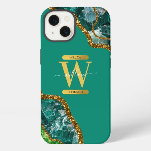 Etui iPhone 13 Monogramme de géode d'agate verte émeraude et or (Verso)